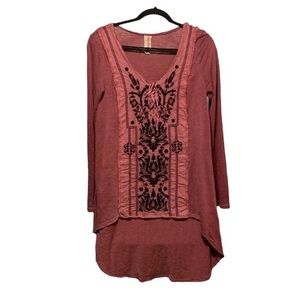 Free People Embroidered Boho Long Sleeve Lace Up Tunic Top Women Medium Red Fall